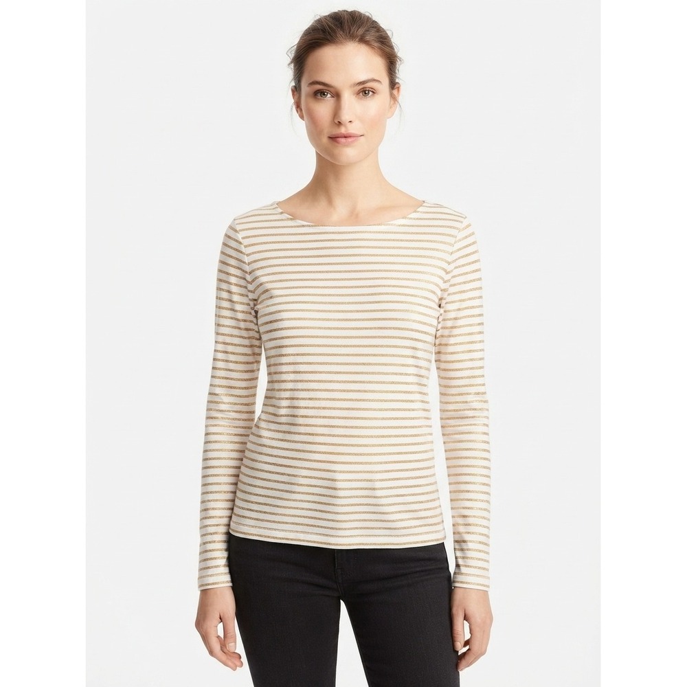 J.Crew Painter Tee Long Sleeve Metallic Stripe Boatneck Top Ivory Gold XL